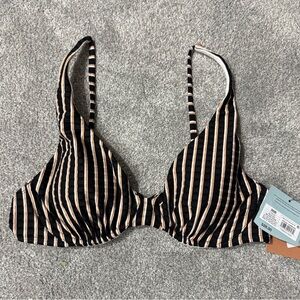 NWT Shade and Shore Striped Black, Orange, and Beige Underwire Swim Top Size 36B